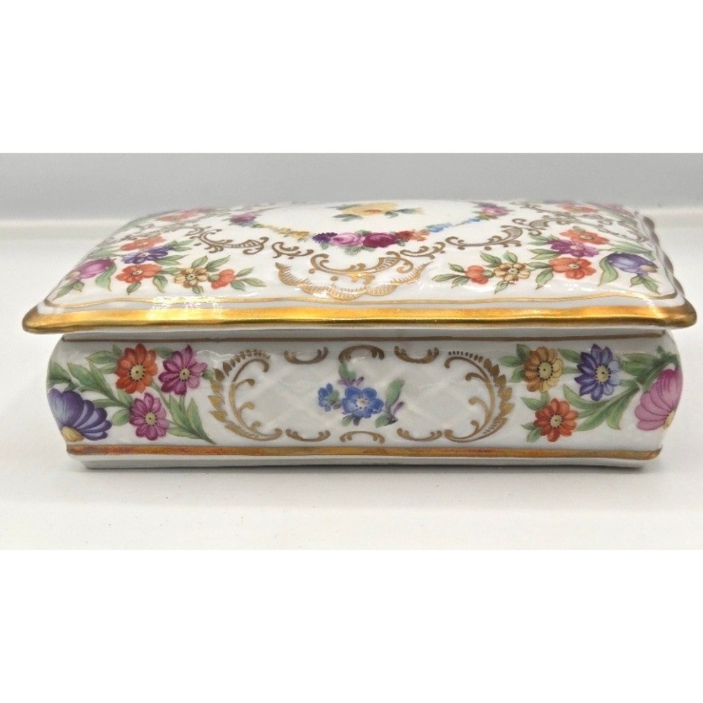Schumann Arzberg Dresden Garland Porcelain Trinket Box - Floral & Gold Gilt